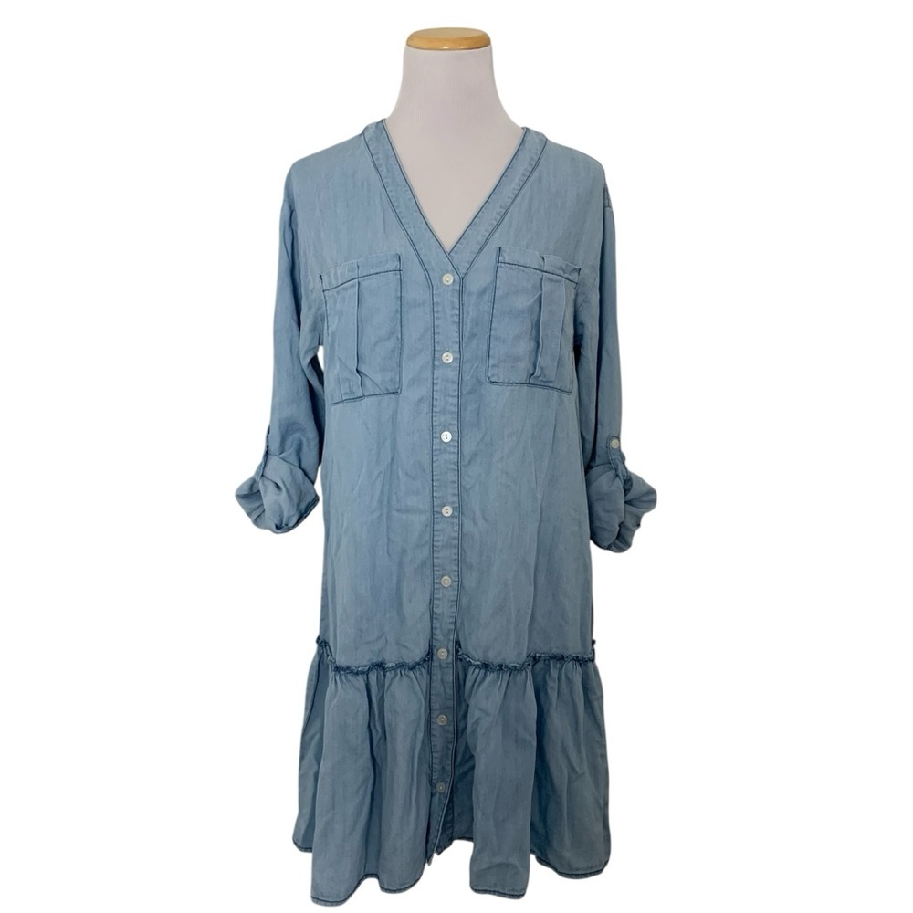 Collection By Cezele Tencel Chambray Button Front Dress Size M Roll Tab Sleeves